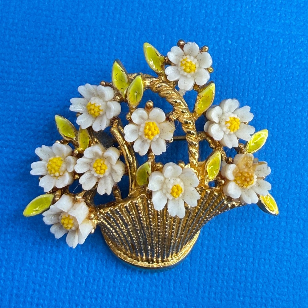 Arthur Pepper Flower Basket‎ Brooch Enamel Gold Tone Floral Mid Mod MCM